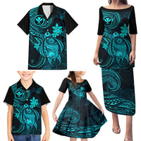 Hawaii Family Matching Puletasi Dress and Hawaiian Shirt Turtle Mix Polynesian Plumeria Turquoise Version - Wonder Print Shop