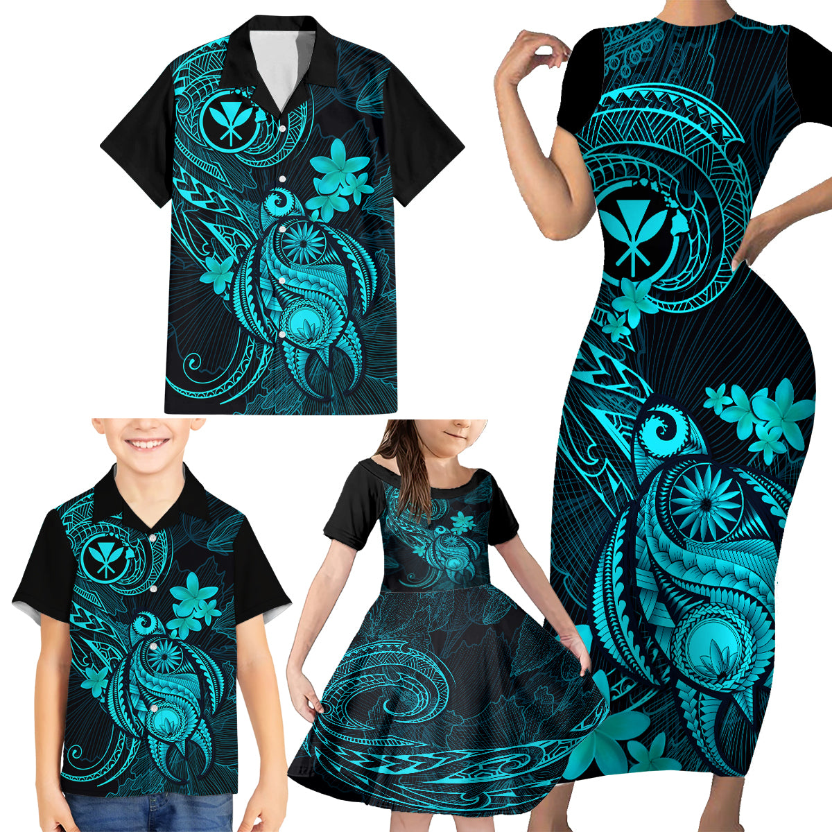 Hawaii Family Matching Short Sleeve Bodycon Dress and Hawaiian Shirt Turtle Mix Polynesian Plumeria Turquoise Version - Wonder Print Shop