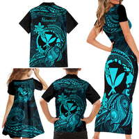 Hawaii Family Matching Short Sleeve Bodycon Dress and Hawaiian Shirt Turtle Mix Polynesian Plumeria Turquoise Version - Wonder Print Shop