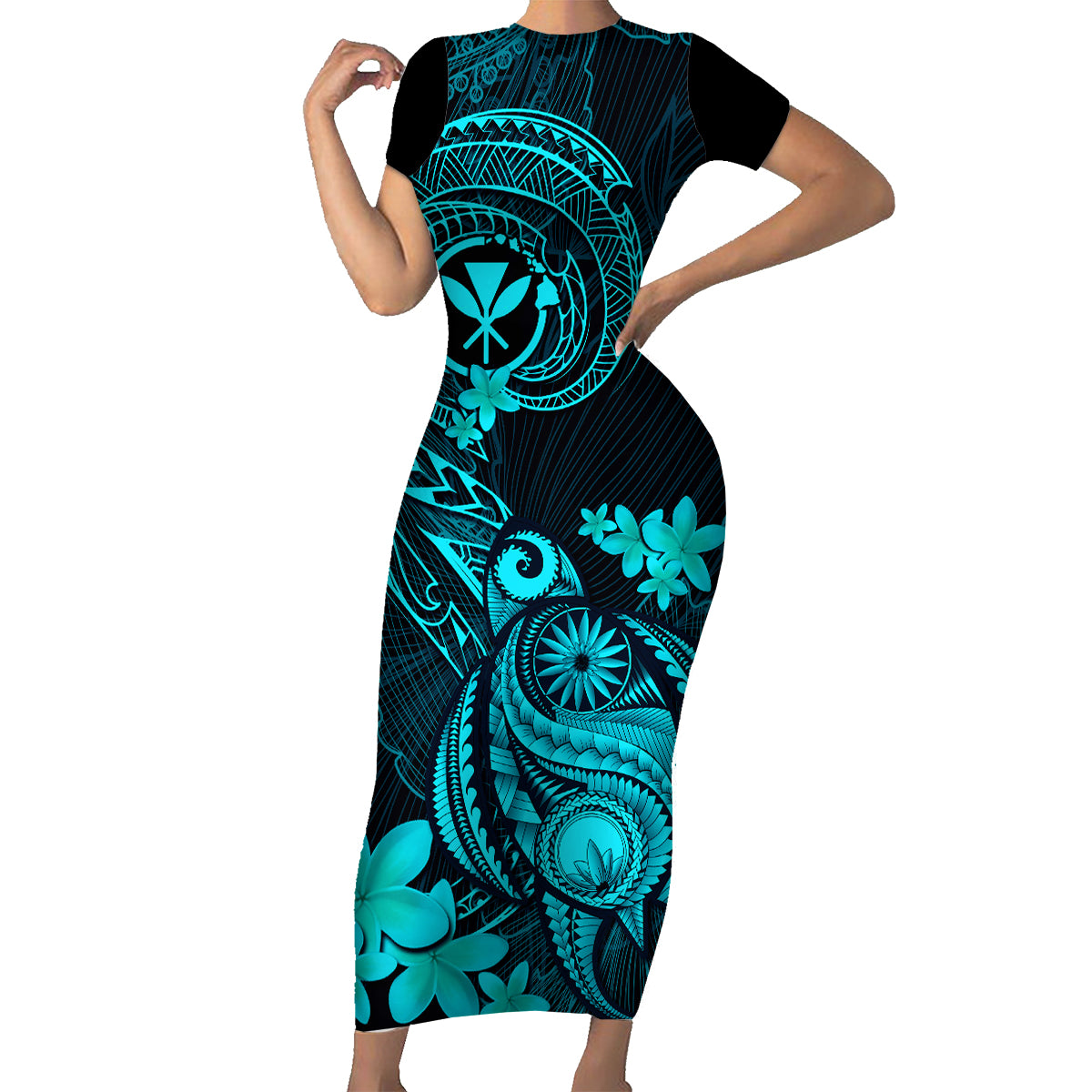 Hawaii Family Matching Short Sleeve Bodycon Dress and Hawaiian Shirt Turtle Mix Polynesian Plumeria Turquoise Version - Wonder Print Shop