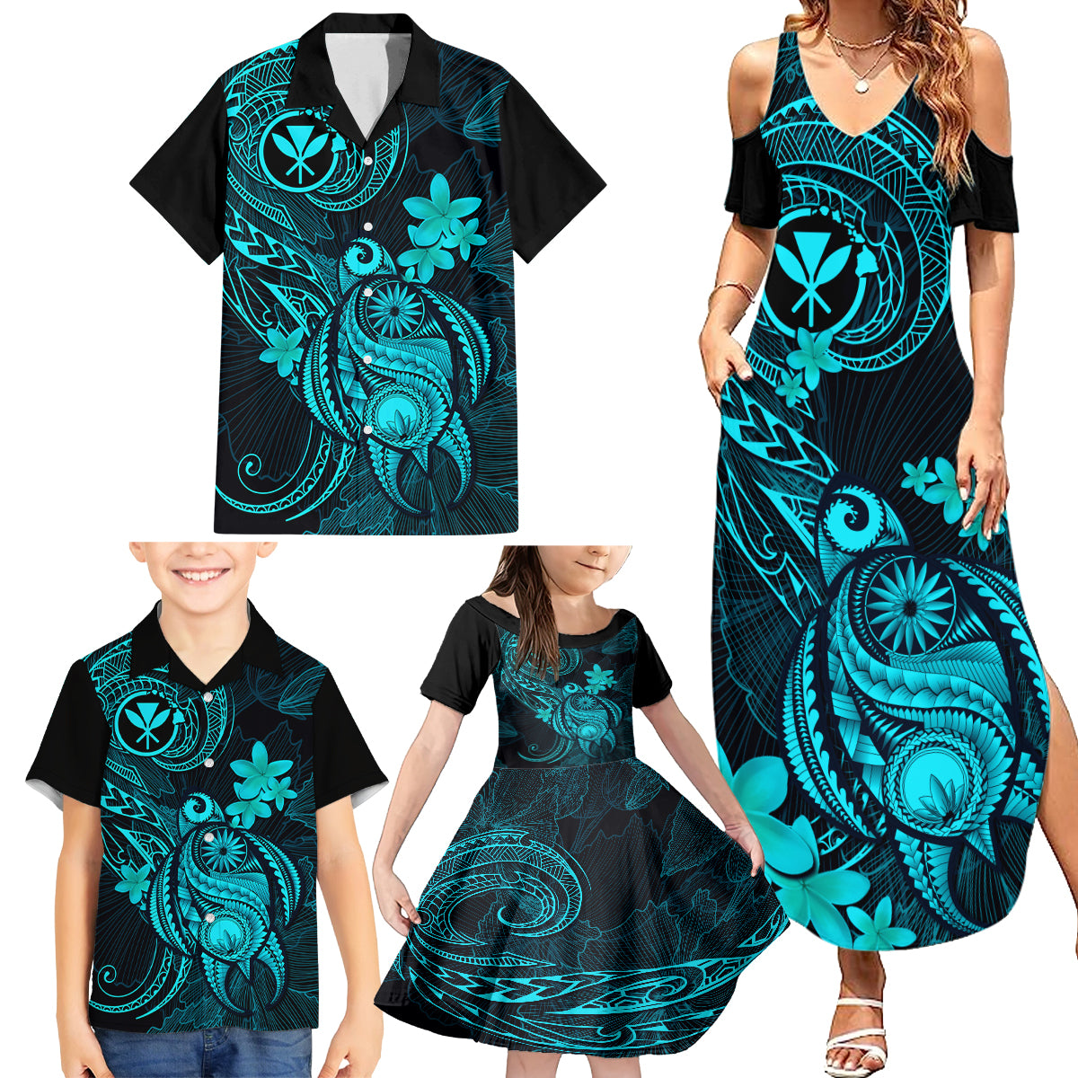 Hawaii Family Matching Summer Maxi Dress and Hawaiian Shirt Turtle Mix Polynesian Plumeria Turquoise Version - Wonder Print Shop