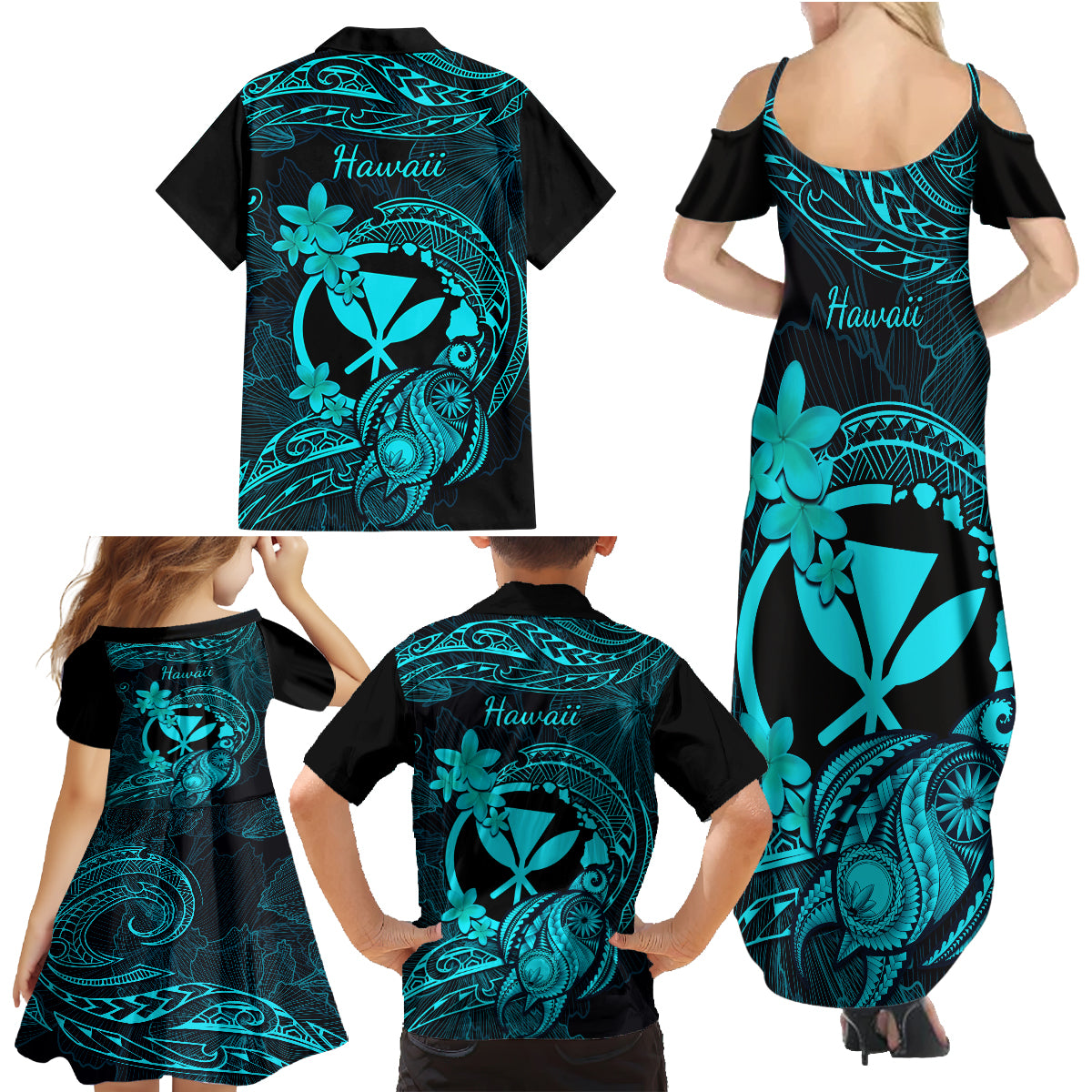Hawaii Family Matching Summer Maxi Dress and Hawaiian Shirt Turtle Mix Polynesian Plumeria Turquoise Version - Wonder Print Shop