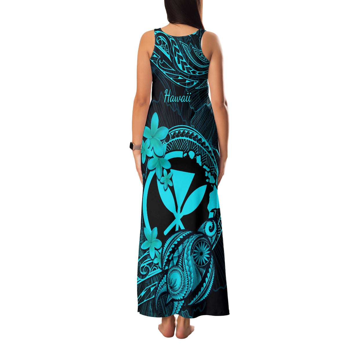 Hawaii Family Matching Tank Maxi Dress and Hawaiian Shirt Turtle Mix Polynesian Plumeria Turquoise Version - Wonder Print Shop
