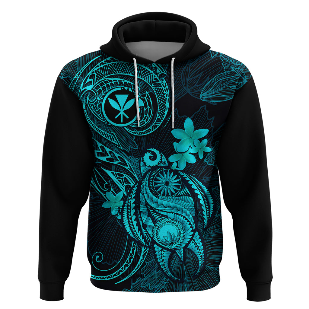 Hawaii Hoodie Turtle Mix Polynesian Plumeria Turquoise Version - Wonder Print Shop