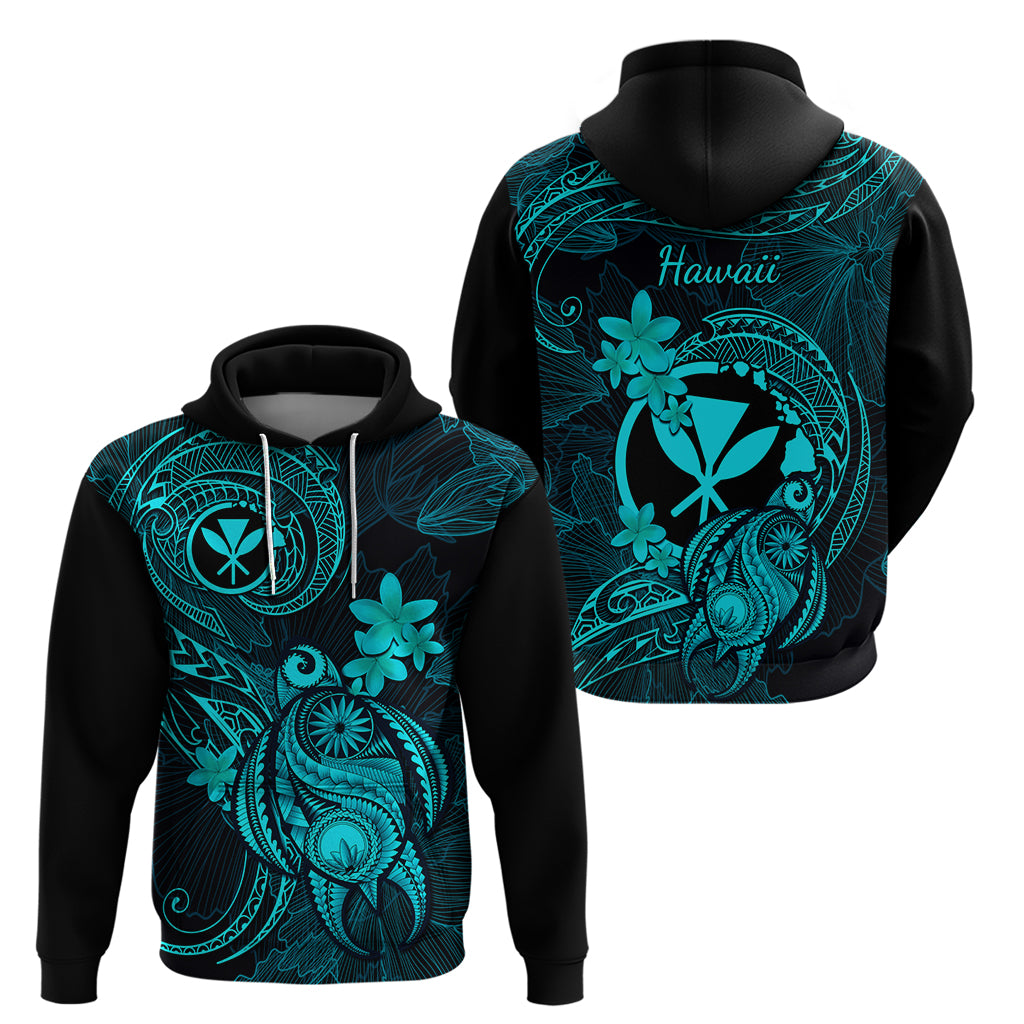 Hawaii Hoodie Turtle Mix Polynesian Plumeria Turquoise Version - Wonder Print Shop