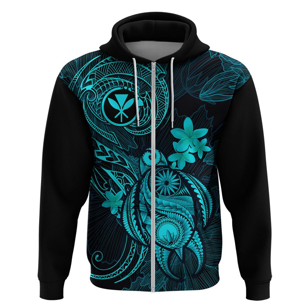 Hawaii Hoodie Turtle Mix Polynesian Plumeria Turquoise Version - Wonder Print Shop