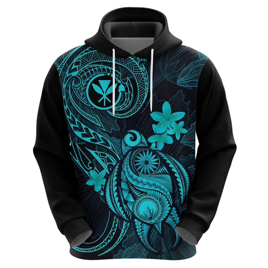 Hawaii Hoodie Turtle Mix Polynesian Plumeria Turquoise Version - Wonder Print Shop