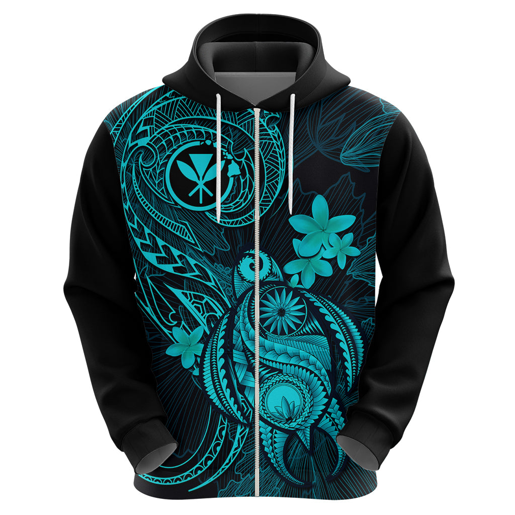 Hawaii Hoodie Turtle Mix Polynesian Plumeria Turquoise Version - Wonder Print Shop