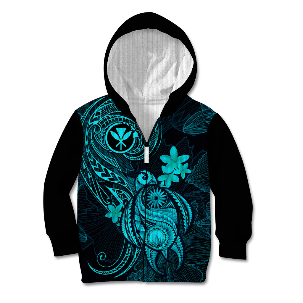 Hawaii Kid Hoodie Turtle Mix Polynesian Plumeria Turquoise Version - Wonder Print Shop