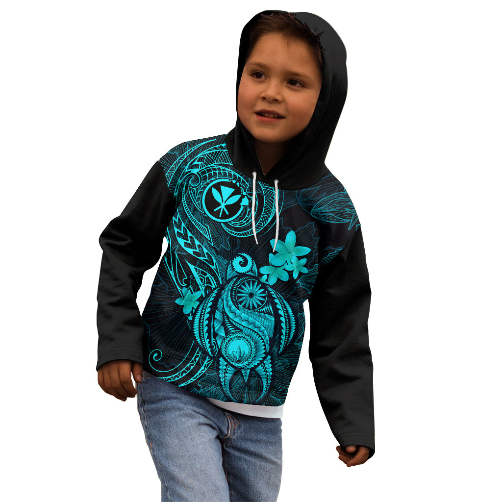 Hawaii Kid Hoodie Turtle Mix Polynesian Plumeria Turquoise Version - Wonder Print Shop