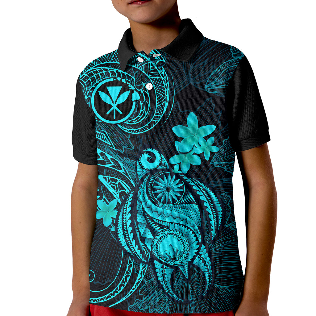 Hawaii Kid Polo Shirt Turtle Mix Polynesian Plumeria Turquoise Version - Wonder Print Shop