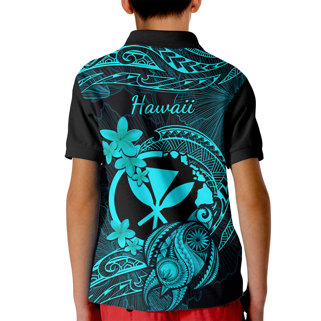 Hawaii Kid Polo Shirt Turtle Mix Polynesian Plumeria Turquoise Version - Wonder Print Shop