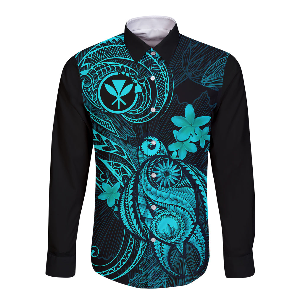 Hawaii Long Sleeve Button Shirt Turtle Mix Polynesian Plumeria Turquoise Version - Wonder Print Shop
