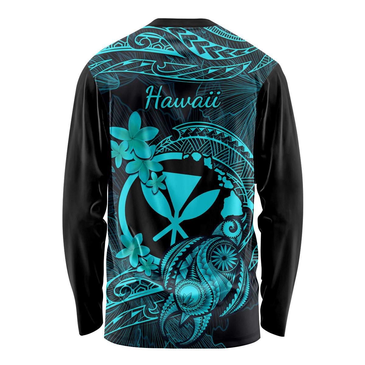 Hawaii Long Sleeve Shirt Turtle Mix Polynesian Plumeria Turquoise Version - Wonder Print Shop