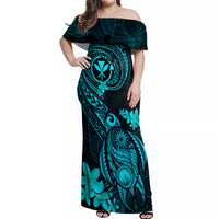 Hawaii Off Shoulder Maxi Dress Turtle Mix Polynesian Plumeria Turquoise Version - Wonder Print Shop