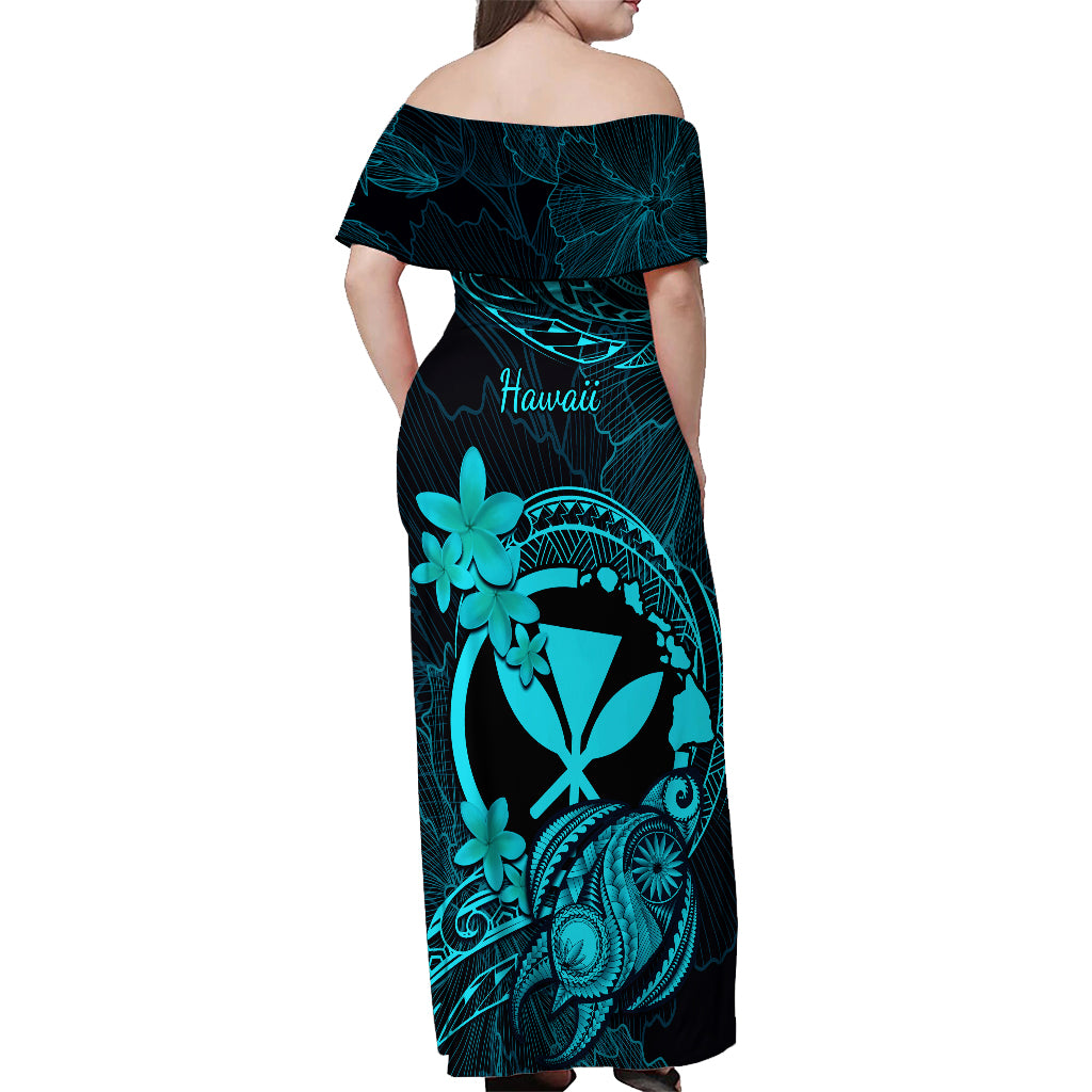 Hawaii Off Shoulder Maxi Dress Turtle Mix Polynesian Plumeria Turquoise Version - Wonder Print Shop