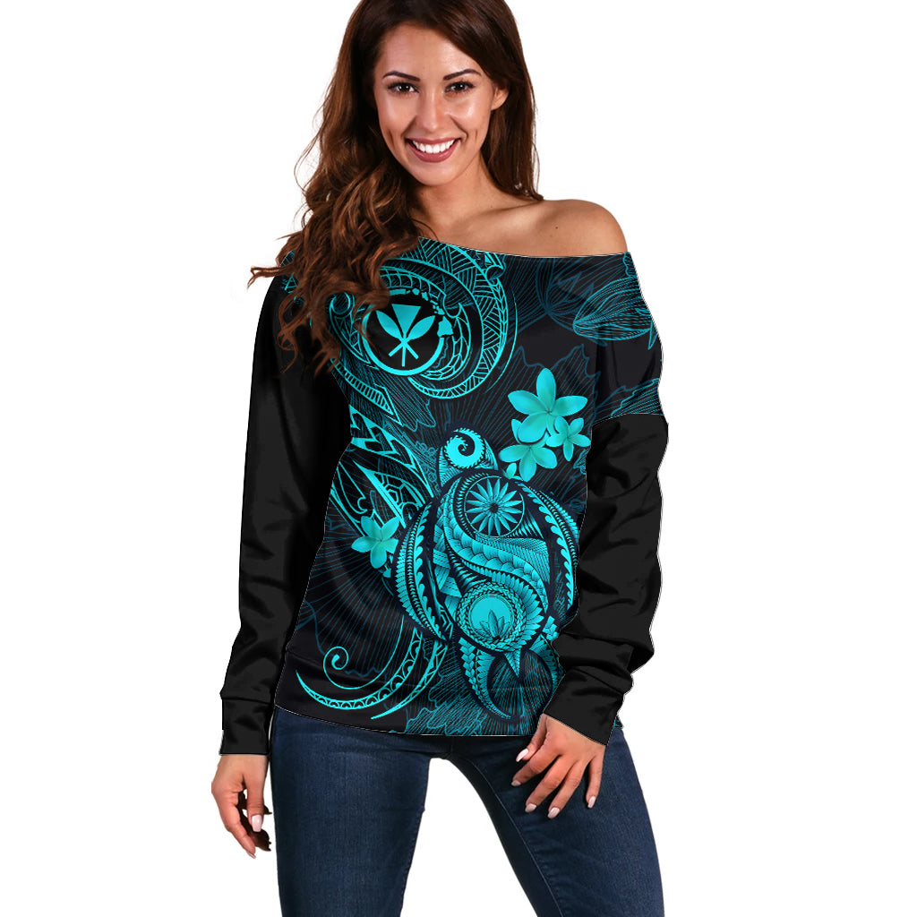 Hawaii Off Shoulder Sweater Turtle Mix Polynesian Plumeria Turquoise Version - Wonder Print Shop