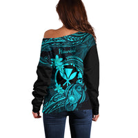 Hawaii Off Shoulder Sweater Turtle Mix Polynesian Plumeria Turquoise Version - Wonder Print Shop