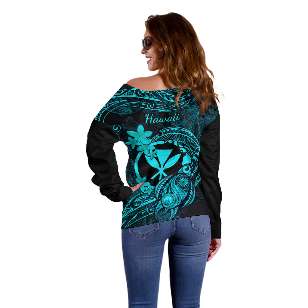 Hawaii Off Shoulder Sweater Turtle Mix Polynesian Plumeria Turquoise Version - Wonder Print Shop