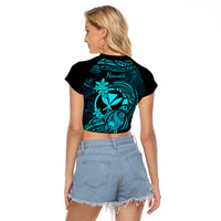 Hawaii Raglan Cropped T Shirt Turtle Mix Polynesian Plumeria Turquoise Version - Wonder Print Shop