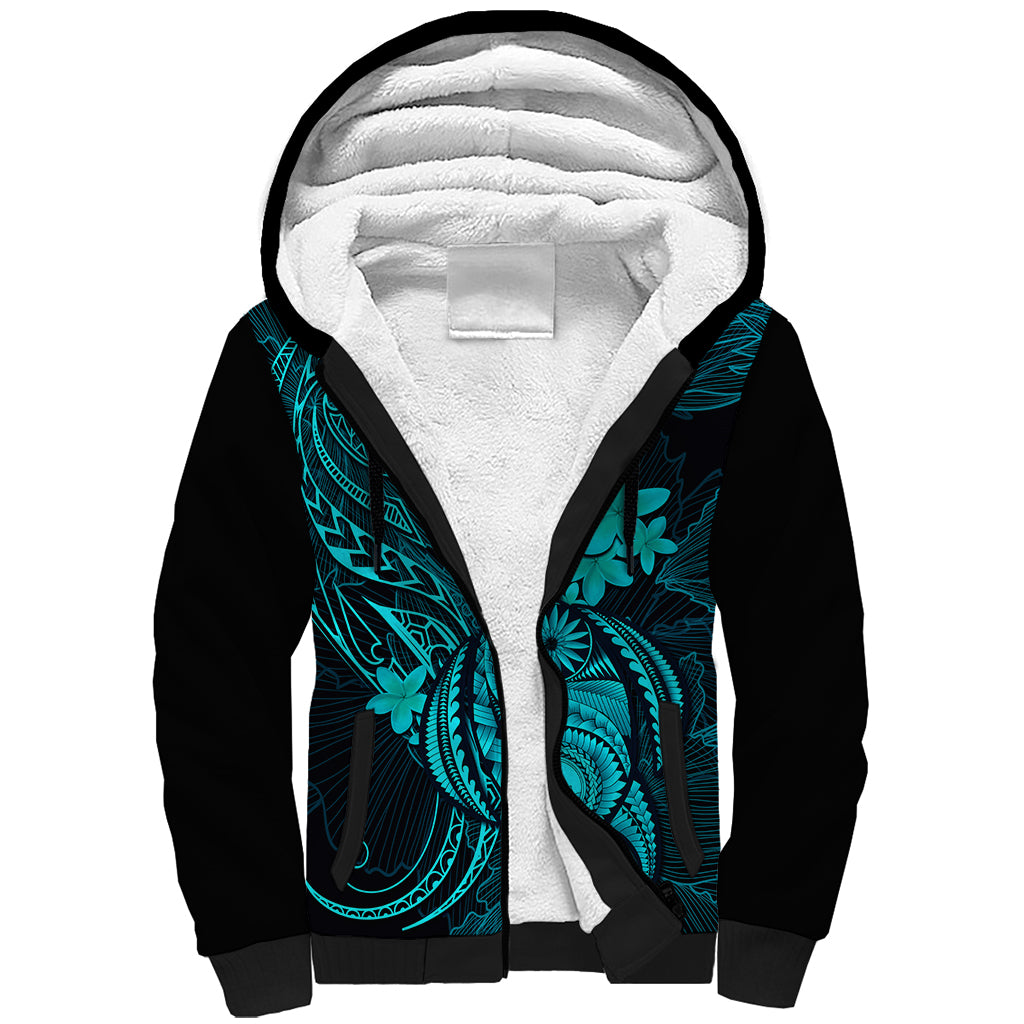 Hawaii Sherpa Hoodie Turtle Mix Polynesian Plumeria Turquoise Version - Wonder Print Shop