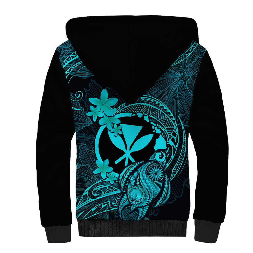 Hawaii Sherpa Hoodie Turtle Mix Polynesian Plumeria Turquoise Version - Wonder Print Shop