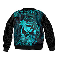 Hawaii Sleeve Zip Bomber Jacket Turtle Mix Polynesian Plumeria Turquoise Version - Wonder Print Shop