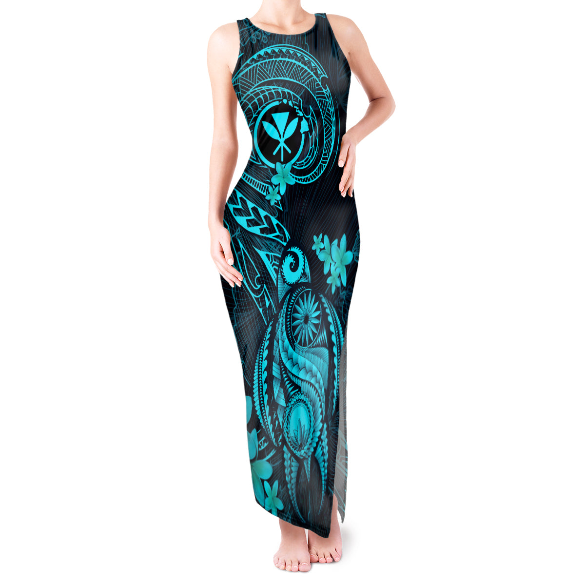 Hawaii Tank Maxi Dress Turtle Mix Polynesian Plumeria Turquoise Version - Wonder Print Shop
