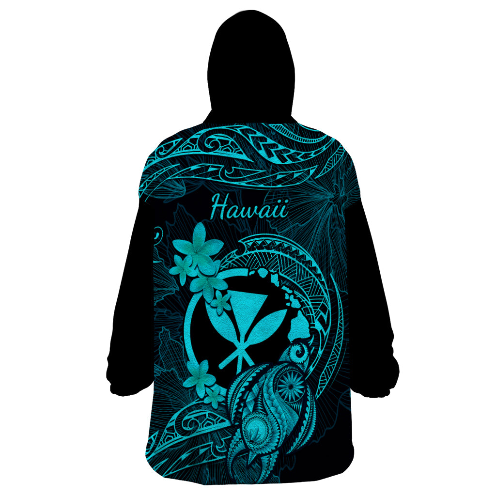 Hawaii Wearable Blanket Hoodie Turtle Mix Polynesian Plumeria Turquoise Version - Wonder Print Shop
