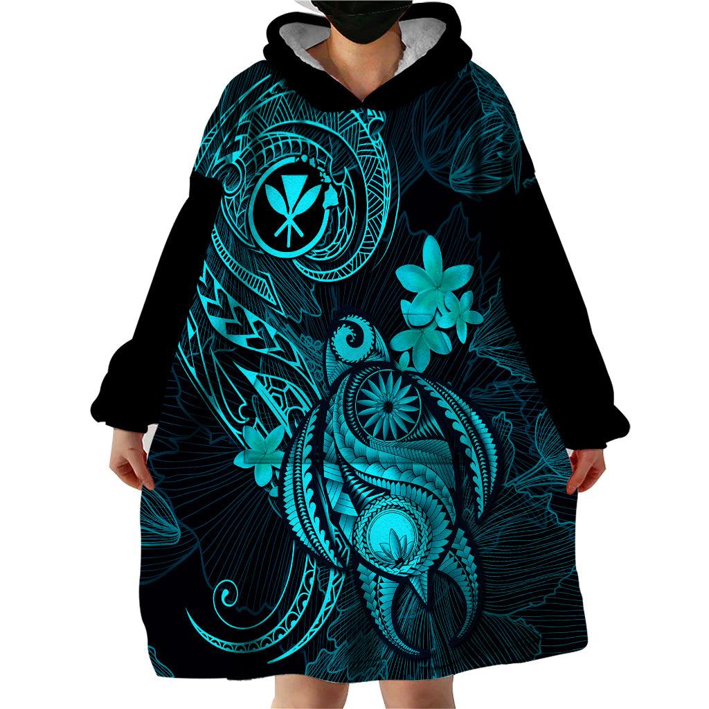 Hawaii Wearable Blanket Hoodie Turtle Mix Polynesian Plumeria Turquoise Version - Wonder Print Shop
