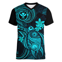 Hawaii Women V Neck T Shirt Turtle Mix Polynesian Plumeria Turquoise Version - Wonder Print Shop