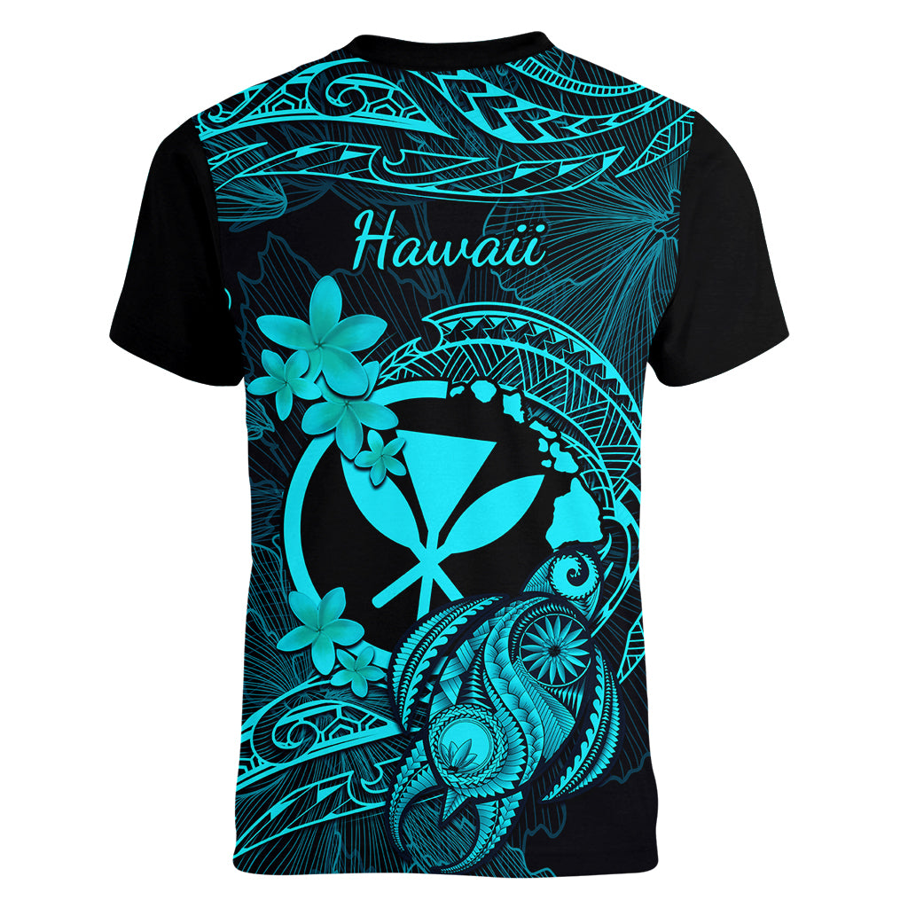 Hawaii Women V Neck T Shirt Turtle Mix Polynesian Plumeria Turquoise Version - Wonder Print Shop
