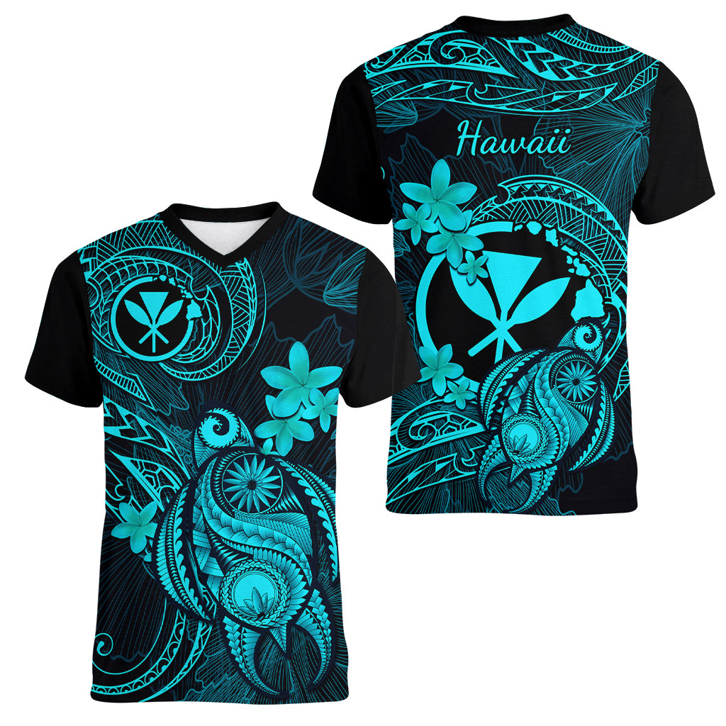 Hawaii Women V Neck T Shirt Turtle Mix Polynesian Plumeria Turquoise Version - Wonder Print Shop