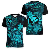 Hawaii Women V Neck T Shirt Turtle Mix Polynesian Plumeria Turquoise Version - Wonder Print Shop