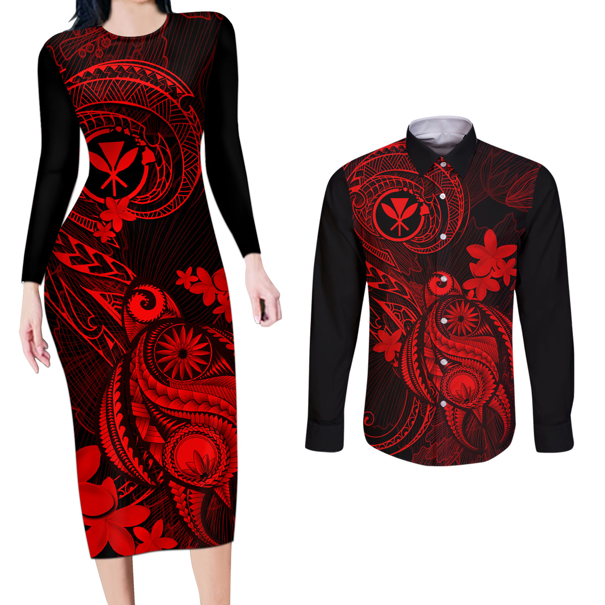 Hawaii Couples Matching Long Sleeve Bodycon Dress and Long Sleeve Button Shirts Turtle Mix Polynesian Plumeria Red Version - Wonder Print Shop