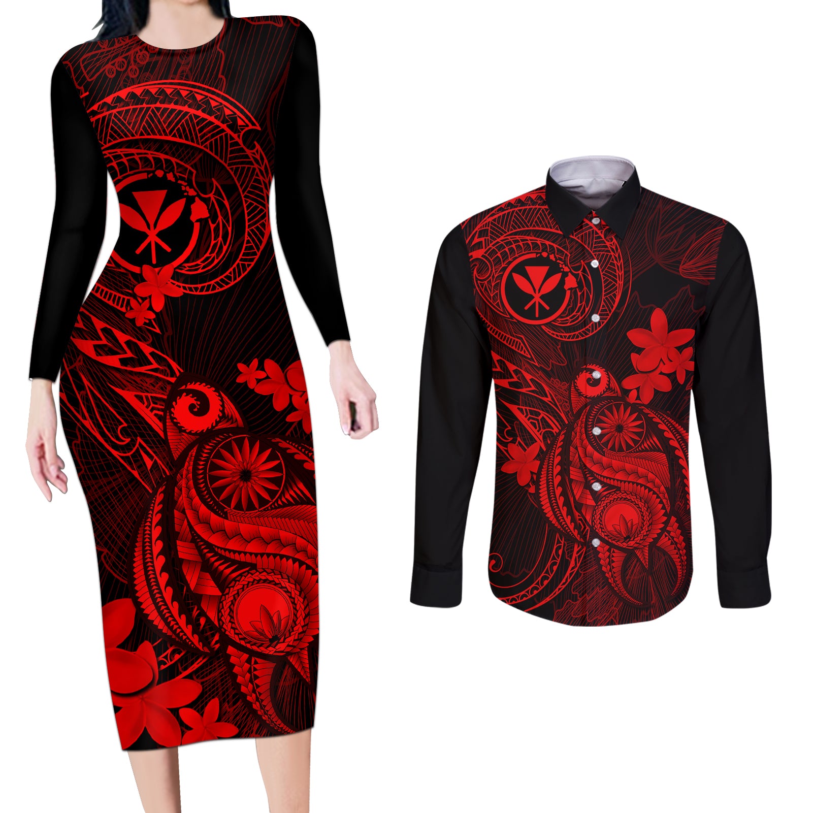 Hawaii Couples Matching Long Sleeve Bodycon Dress and Long Sleeve Button Shirts Turtle Mix Polynesian Plumeria Red Version - Wonder Print Shop
