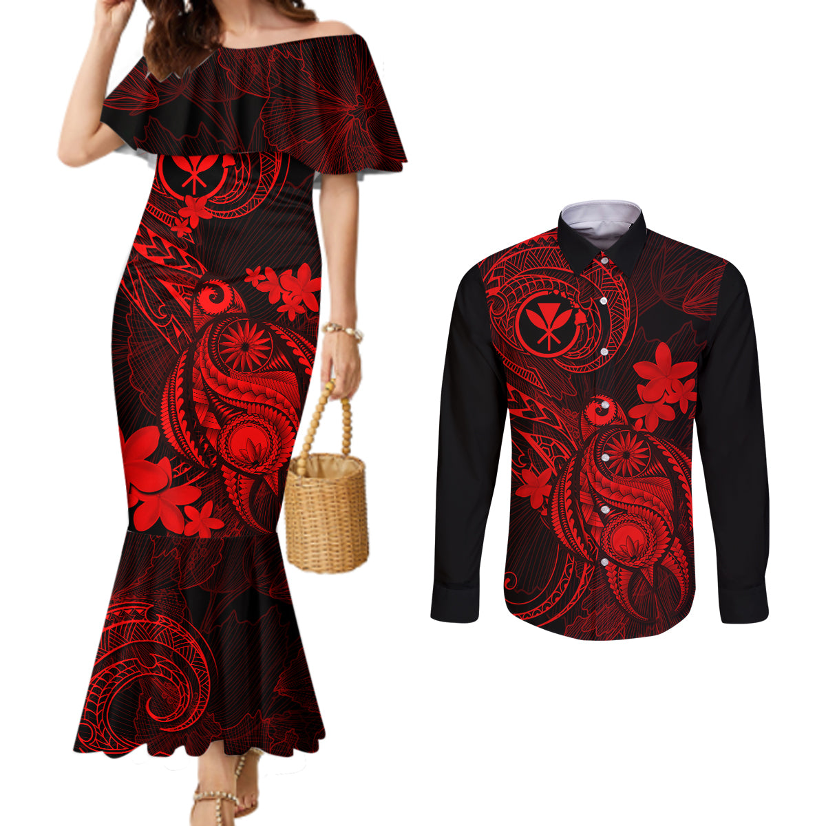 hawaii-couples-matching-mermaid-dress-and-long-sleeve-button-shirts-turtle-mix-polynesian-plumeria-red-version