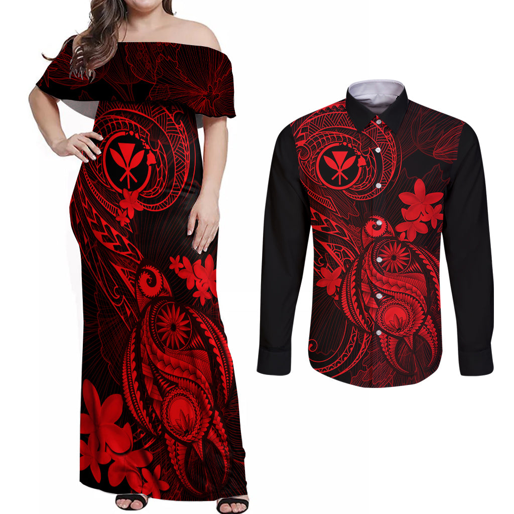 Hawaii Couples Matching Off Shoulder Maxi Dress and Long Sleeve Button Shirts Turtle Mix Polynesian Plumeria Red Version - Wonder Print Shop