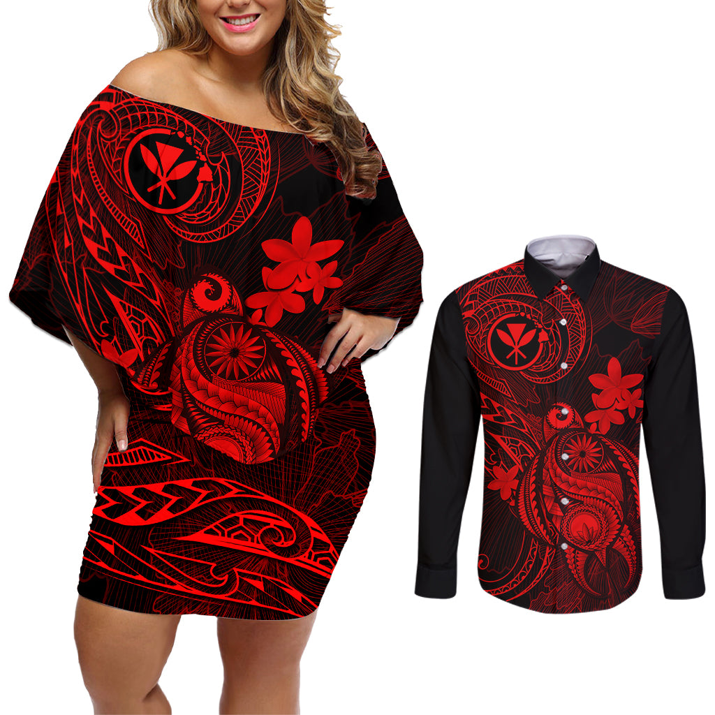 Hawaii Couples Matching Off Shoulder Short Dress and Long Sleeve Button Shirts Turtle Mix Polynesian Plumeria Red Version - Wonder Print Shop