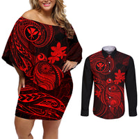Hawaii Couples Matching Off Shoulder Short Dress and Long Sleeve Button Shirts Turtle Mix Polynesian Plumeria Red Version - Wonder Print Shop