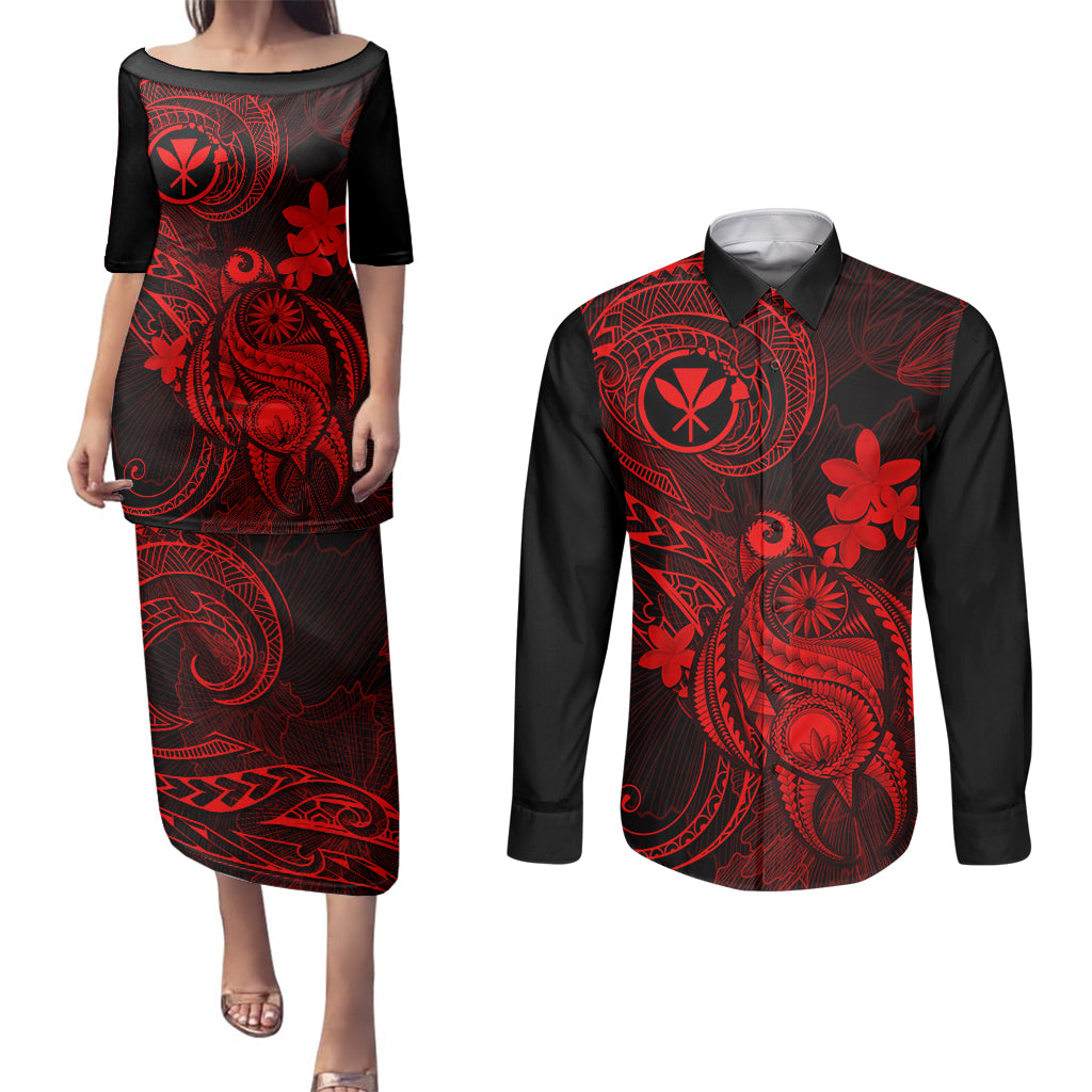 Hawaii Couples Matching Puletasi Dress and Long Sleeve Button Shirts Turtle Mix Polynesian Plumeria Red Version - Wonder Print Shop