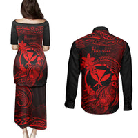 Hawaii Couples Matching Puletasi Dress and Long Sleeve Button Shirts Turtle Mix Polynesian Plumeria Red Version - Wonder Print Shop