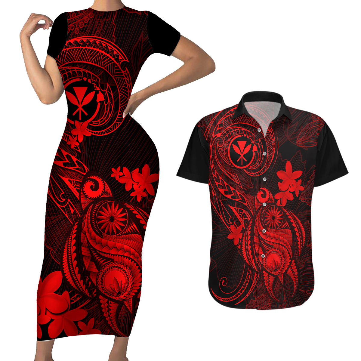 Hawaii Couples Matching Short Sleeve Bodycon Dress and Hawaiian Shirt Turtle Mix Polynesian Plumeria Red Version - Wonder Print Shop