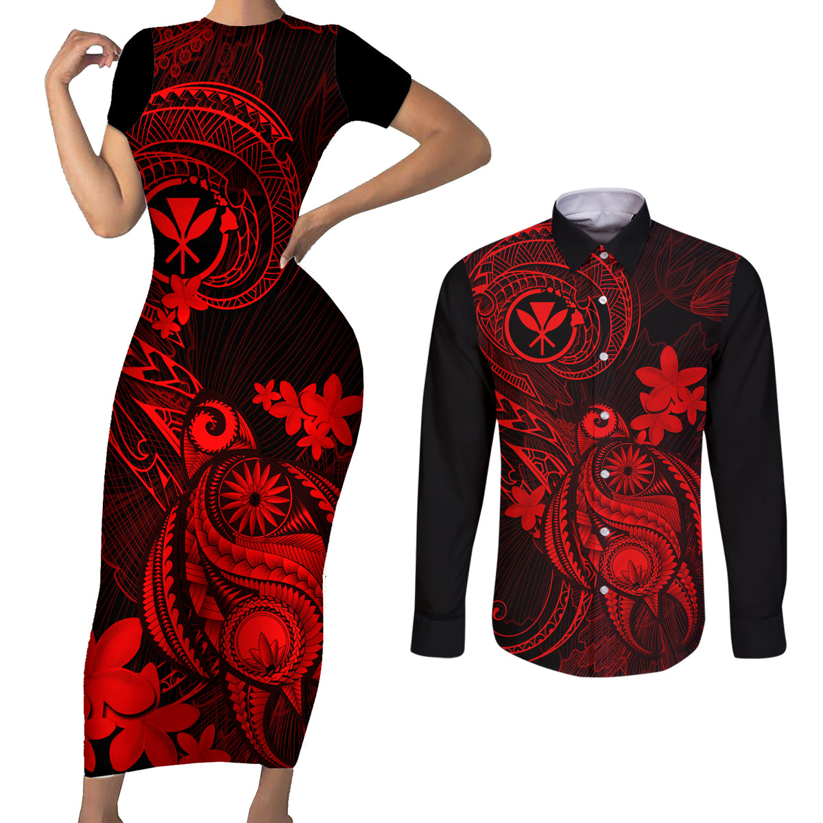 Hawaii Couples Matching Short Sleeve Bodycon Dress and Long Sleeve Button Shirts Turtle Mix Polynesian Plumeria Red Version - Wonder Print Shop