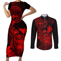 Hawaii Couples Matching Short Sleeve Bodycon Dress and Long Sleeve Button Shirts Turtle Mix Polynesian Plumeria Red Version - Wonder Print Shop