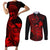 Hawaii Couples Matching Short Sleeve Bodycon Dress and Long Sleeve Button Shirts Turtle Mix Polynesian Plumeria Red Version - Wonder Print Shop
