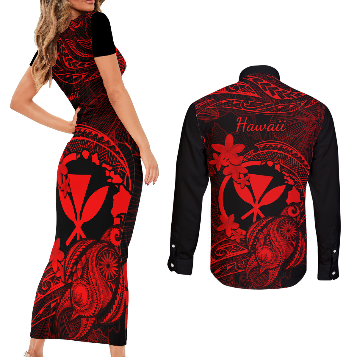 Hawaii Couples Matching Short Sleeve Bodycon Dress and Long Sleeve Button Shirts Turtle Mix Polynesian Plumeria Red Version - Wonder Print Shop