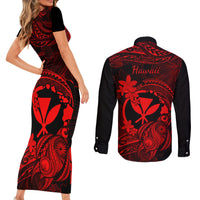 Hawaii Couples Matching Short Sleeve Bodycon Dress and Long Sleeve Button Shirts Turtle Mix Polynesian Plumeria Red Version - Wonder Print Shop