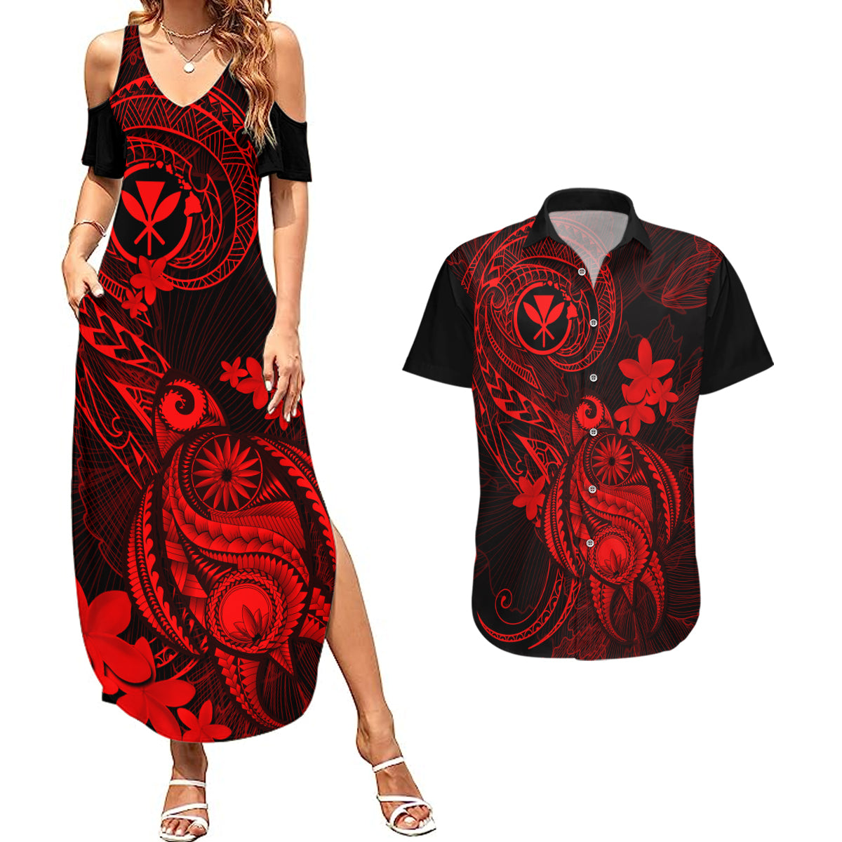Hawaii Couples Matching Summer Maxi Dress and Hawaiian Shirt Turtle Mix Polynesian Plumeria Red Version - Wonder Print Shop
