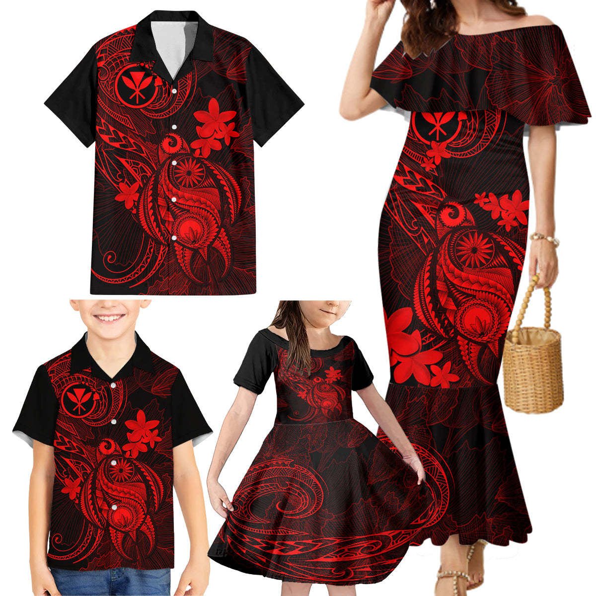Hawaii Family Matching Mermaid Dress and Hawaiian Shirt Turtle Mix Polynesian Plumeria Red Version - Wonder Print Shop
